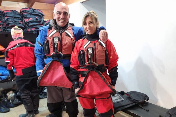 Kayak Perito Moreno Gateways Lunch and Transfer from Calafate - Getting kitted up on Lago Argentino: dry suits, warmups, and real safety